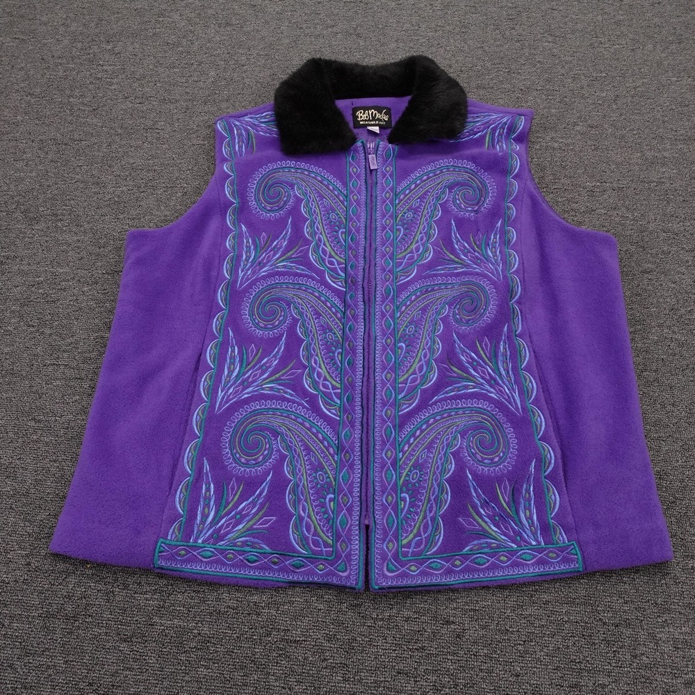 Vintage Bob Mackie Vest Womens 1X Purple Fleece Paisley Embroidered Fur Collar